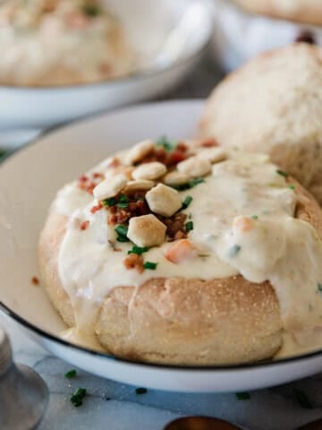 Boston clam chowder in a bread bowl.