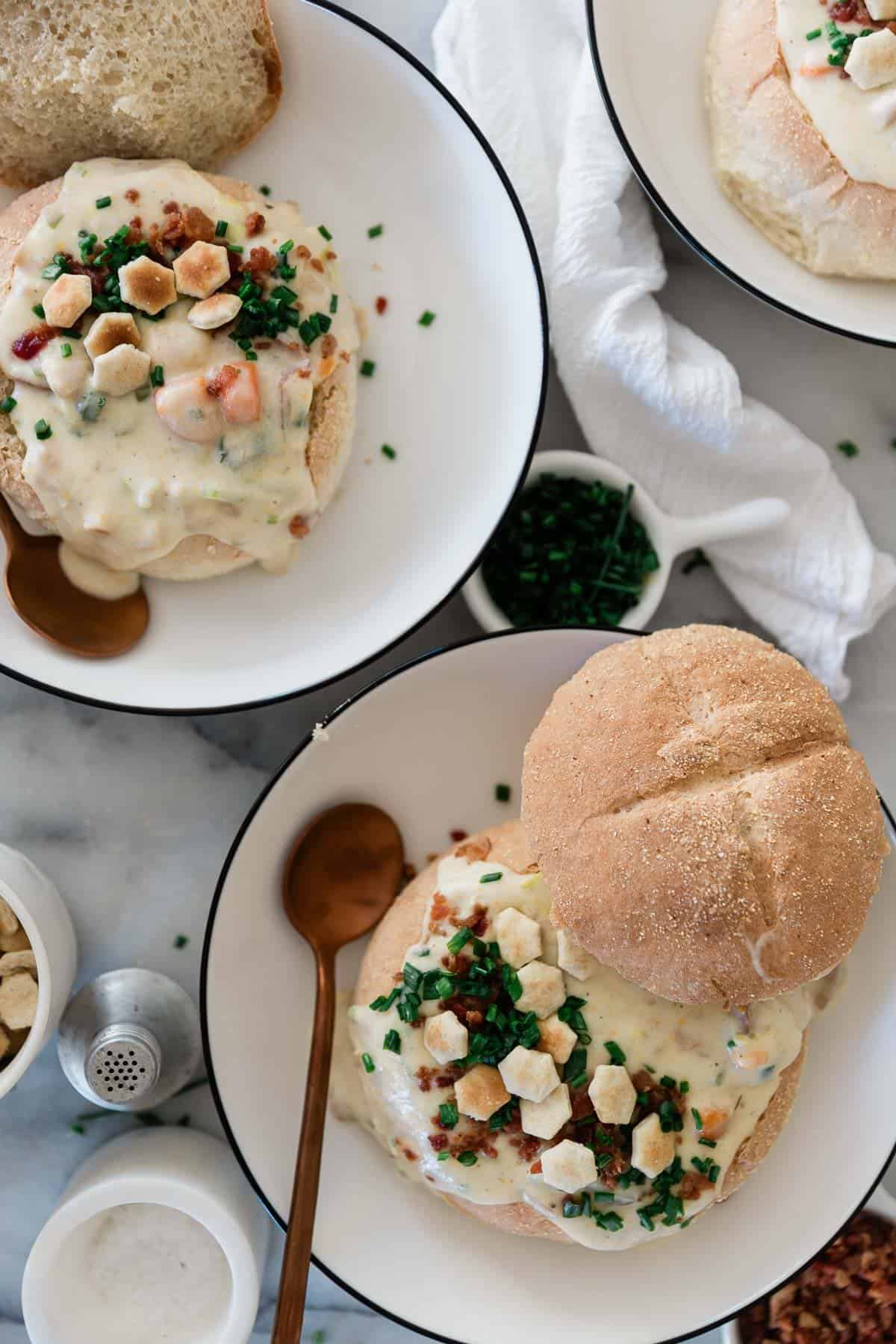 Boston clam chowder in bread bowls.