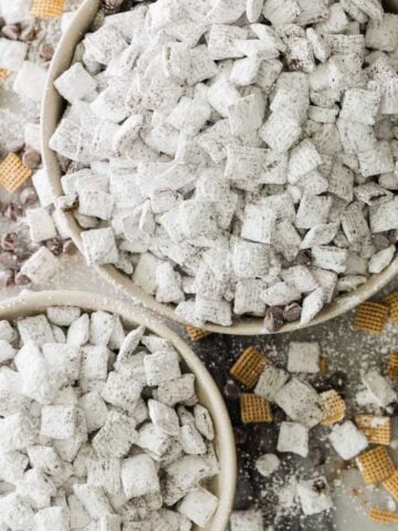 Chex muddy buddies recipe in bowls.