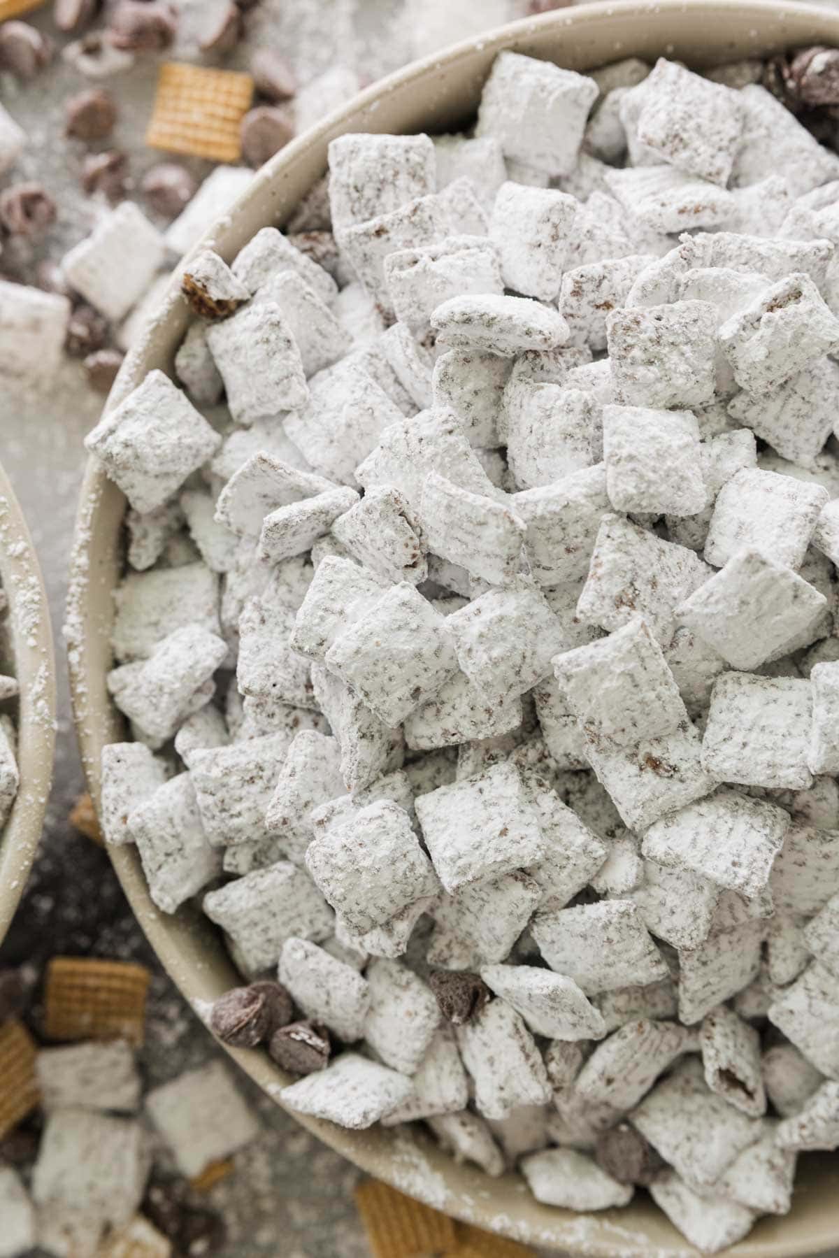 Chex muddy buddies recipe with Nutella in bowls.