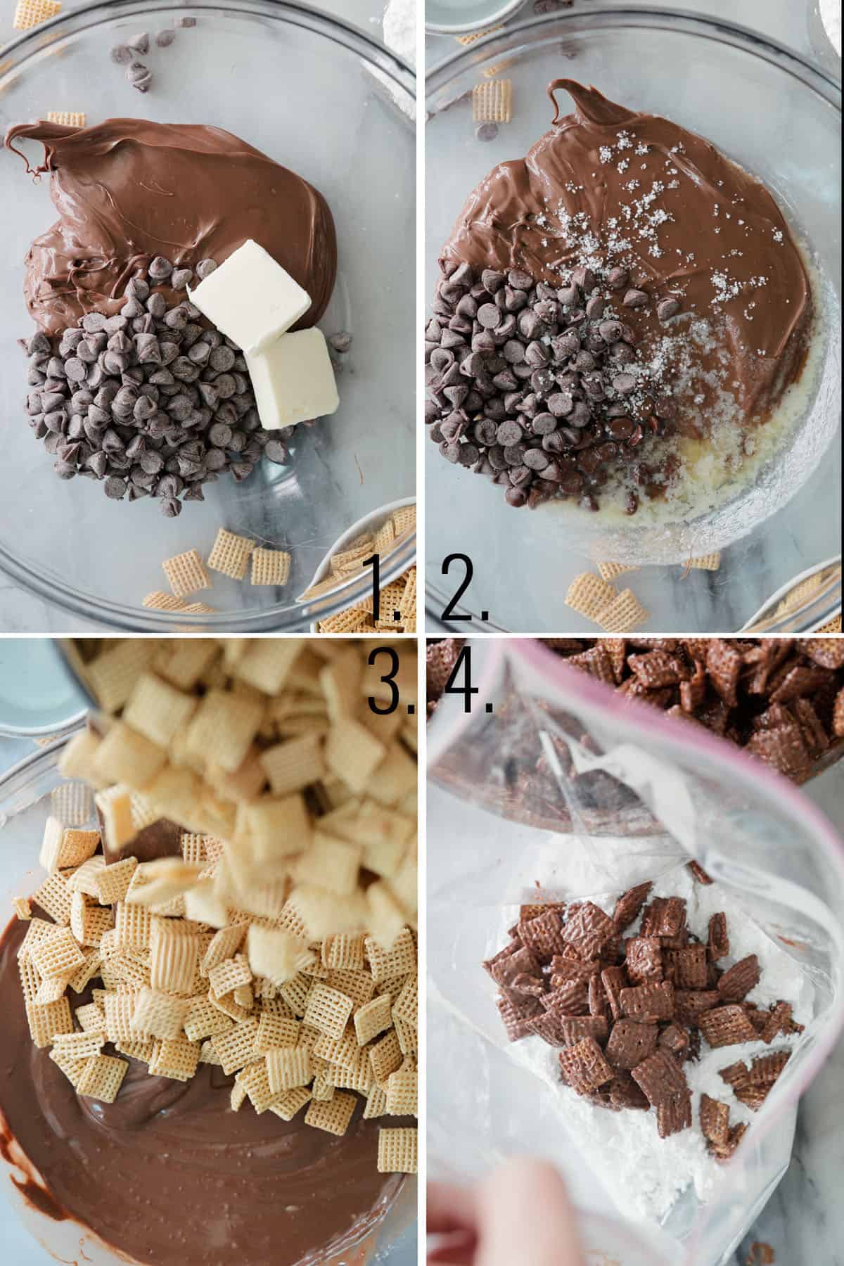 A four photo collage showing the steps for making this muddy buddies recipe.