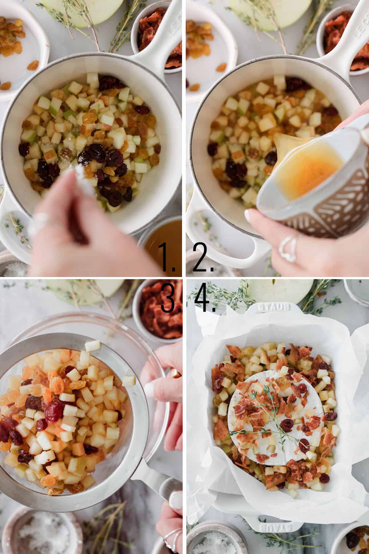 A collage showing the steps for making baked brie. 
