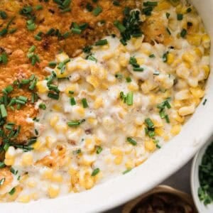Homemade creamed corn in a serving dish.