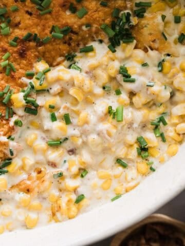 Homemade creamed corn in a serving dish.