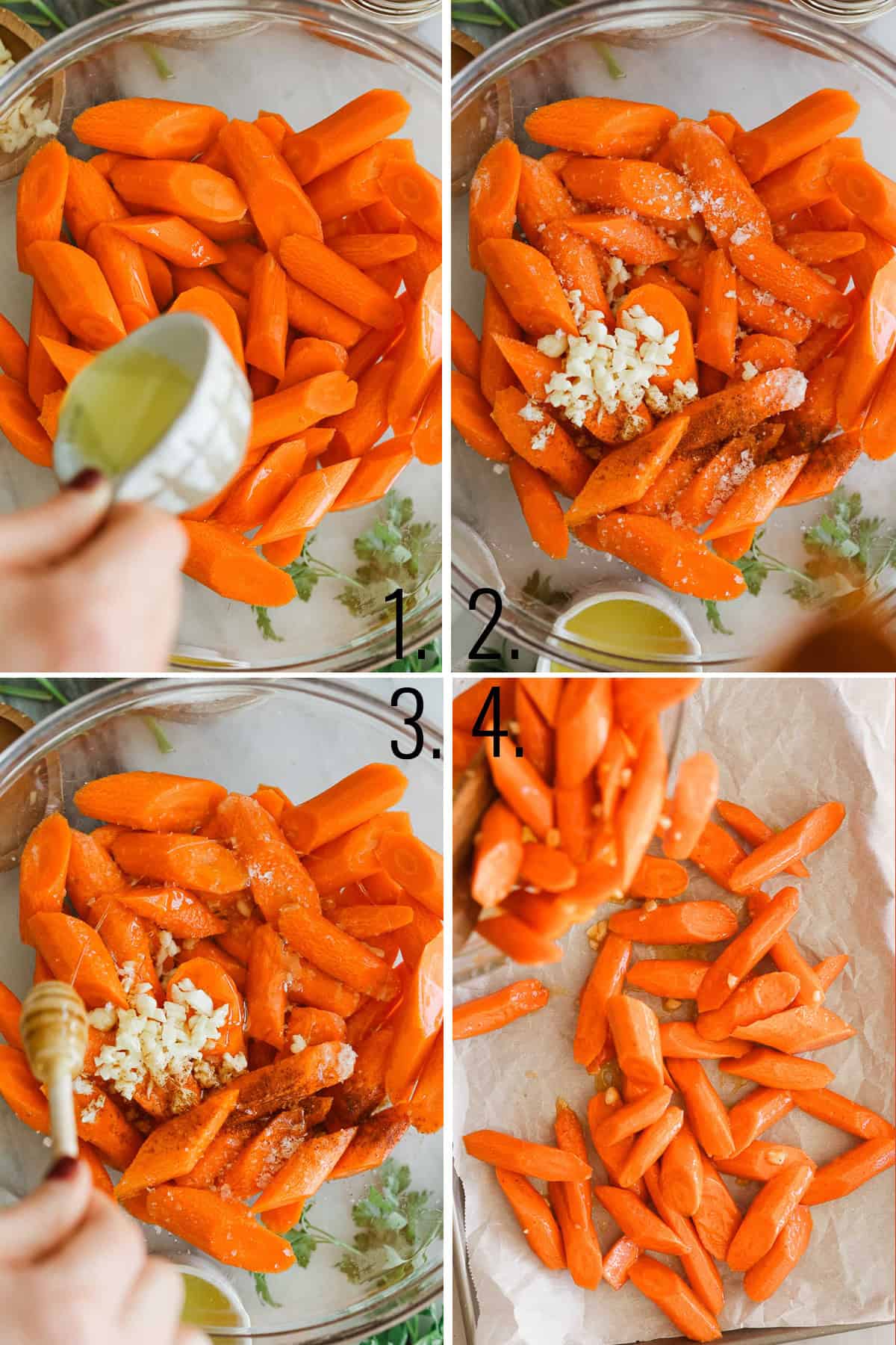 A collage of photos showing the steps for making honey glazed carrots.