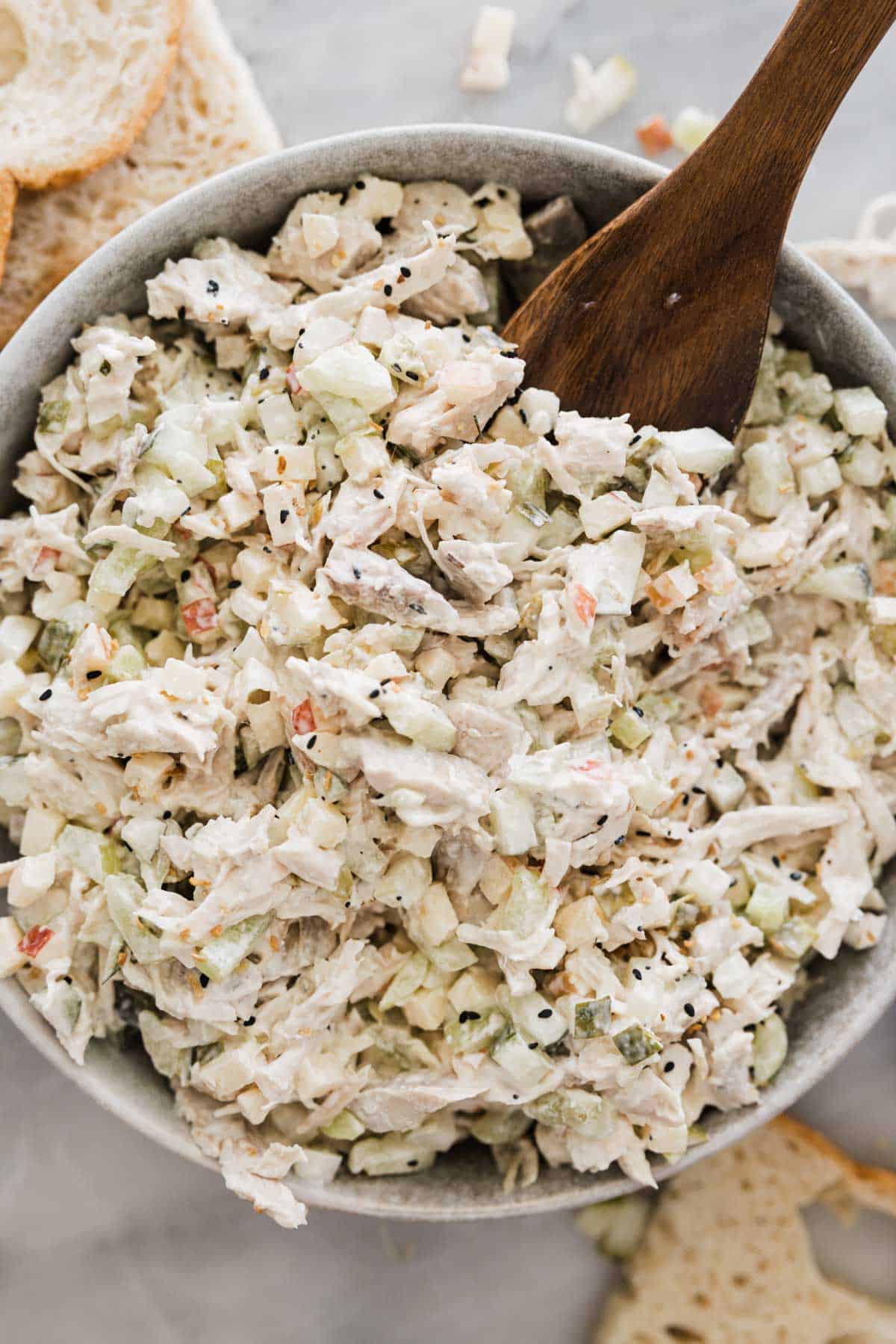 Dill pickle chicken salad in a bowl.