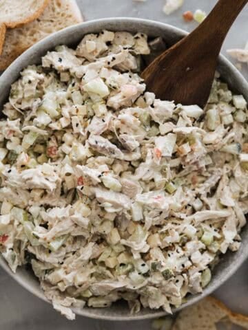 Dill pickle chicken salad in a bowl.