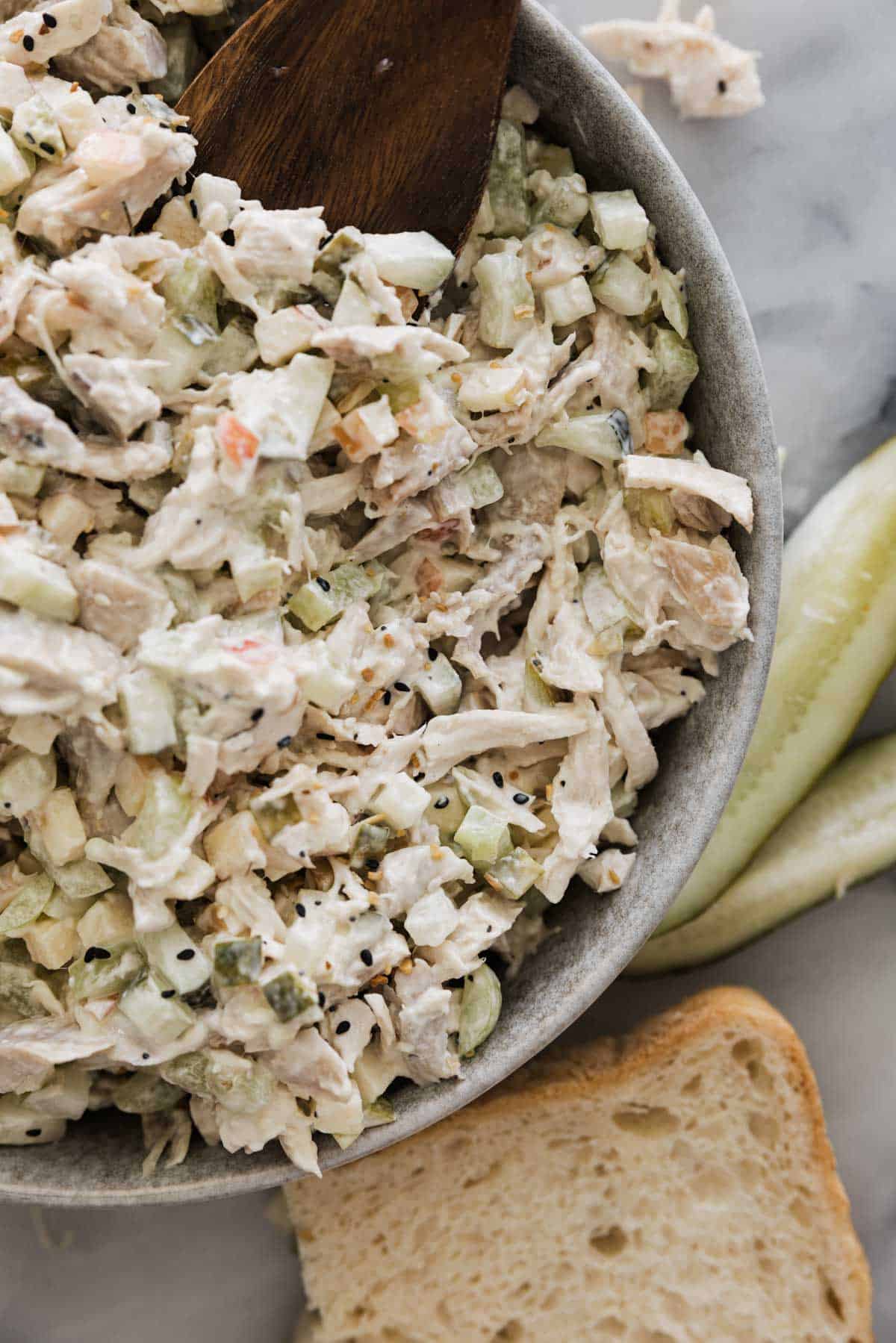 Dill pickle chicken salad in a bowl.