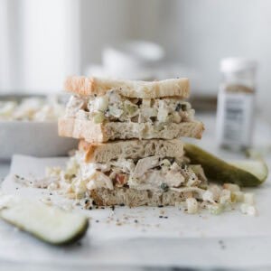 A stack of chicken salad sandwiches.