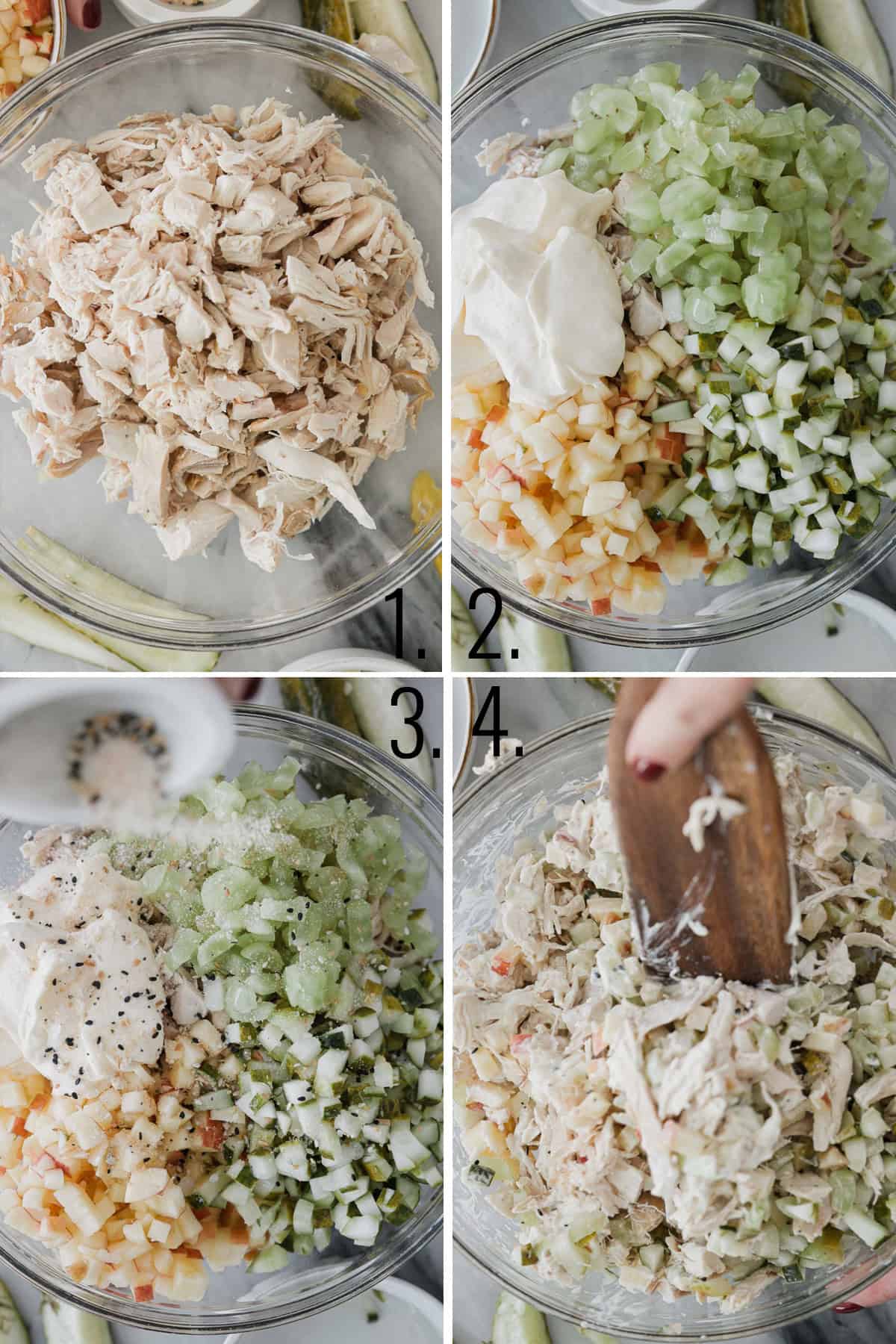A four photo collage shows the steps for making dill pickle chicken salad.