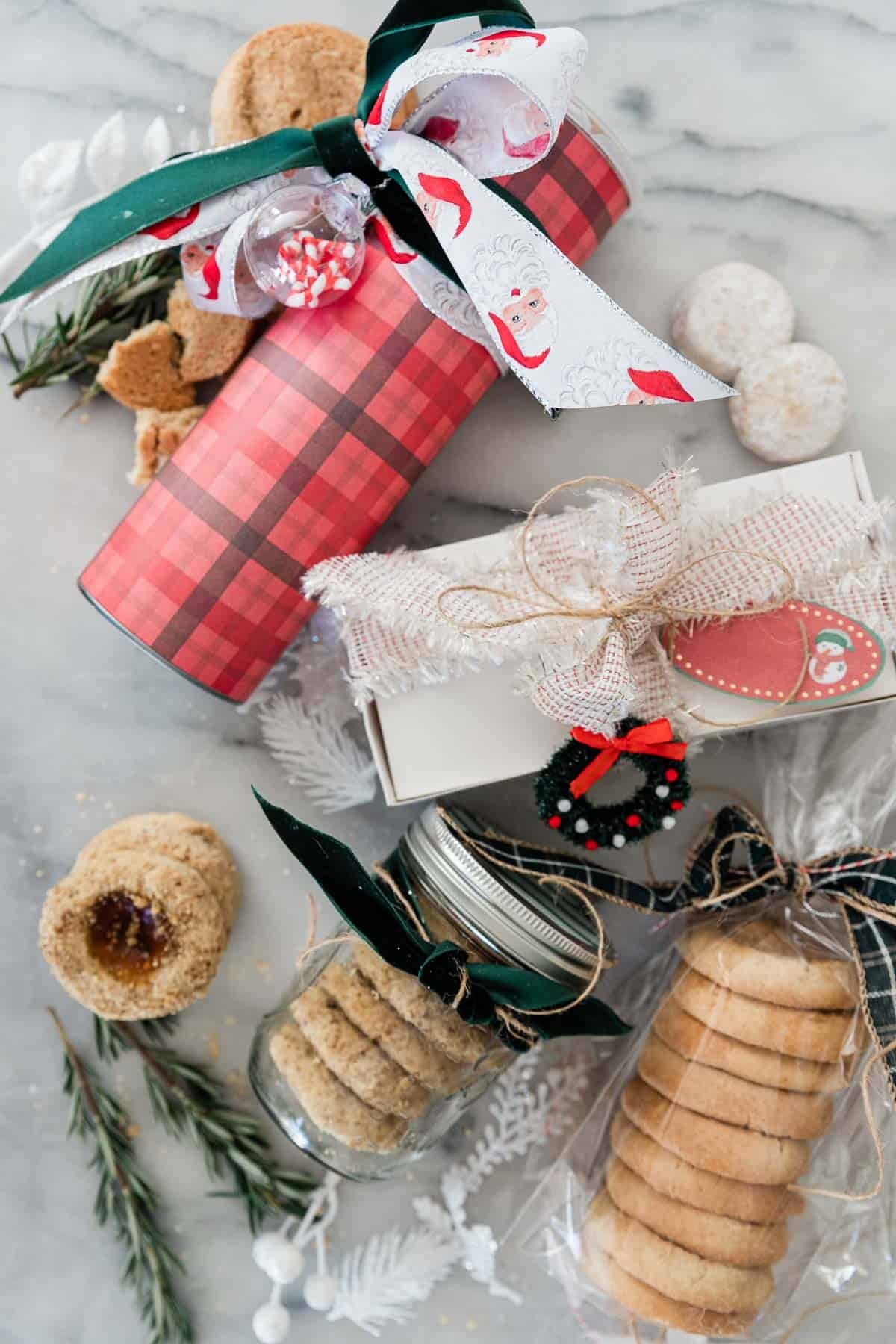 All the different cookie packaging ideas laid out on a table.