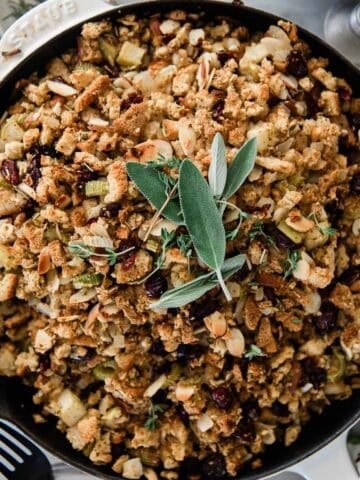 Cranberry stuffing in a serving dish.