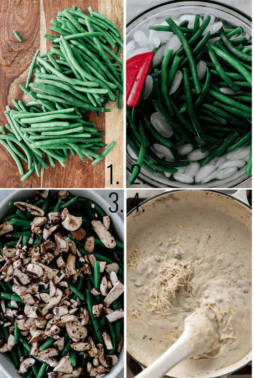 A collage that shows the steps for making green bean casserole including prepping the green beans and making the sauce.