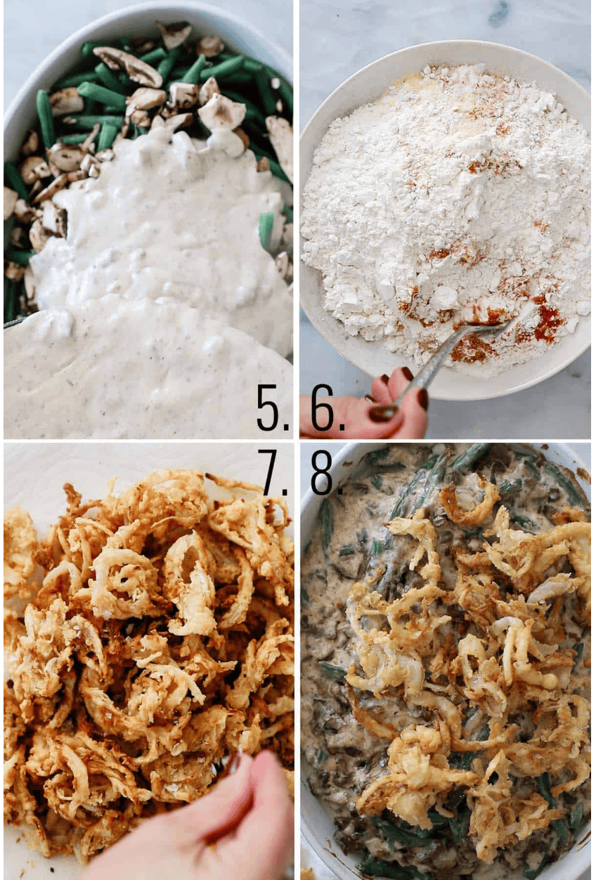 A collage that shows the steps for making the crispy onions for our fresh green bean casserole. 