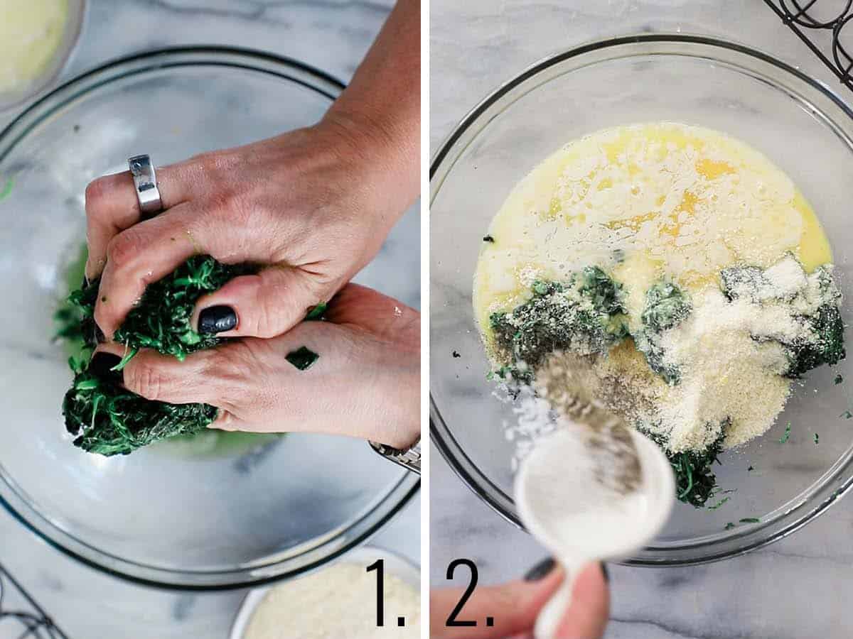 Two photos that show the process of making spinach balls.