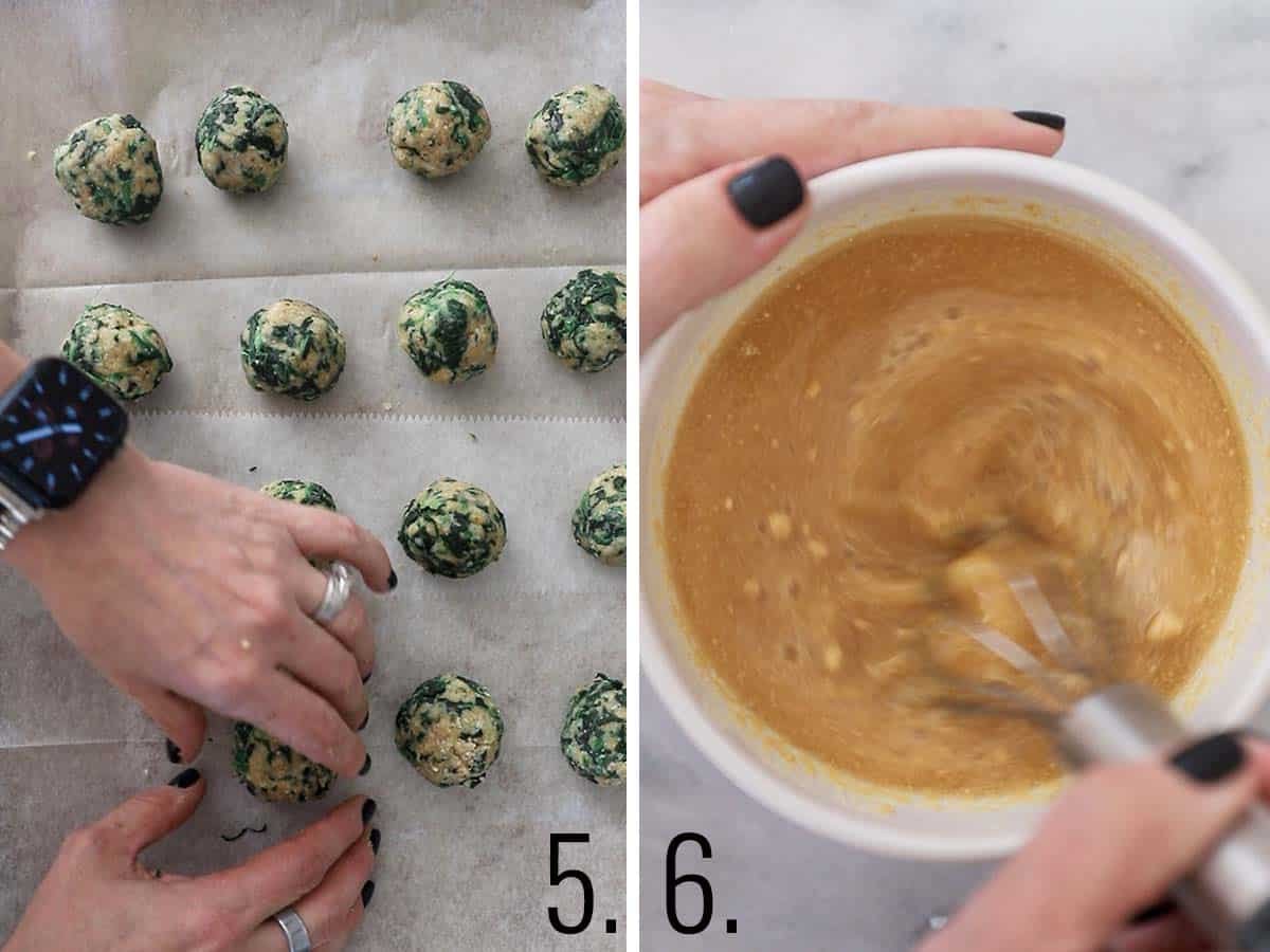Two photos that show the process of making spinach balls.