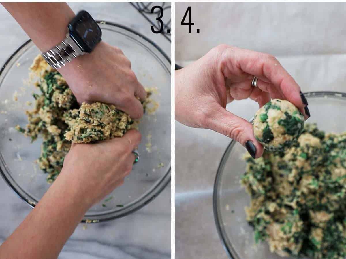 Two photos that show the process of making spinach balls.