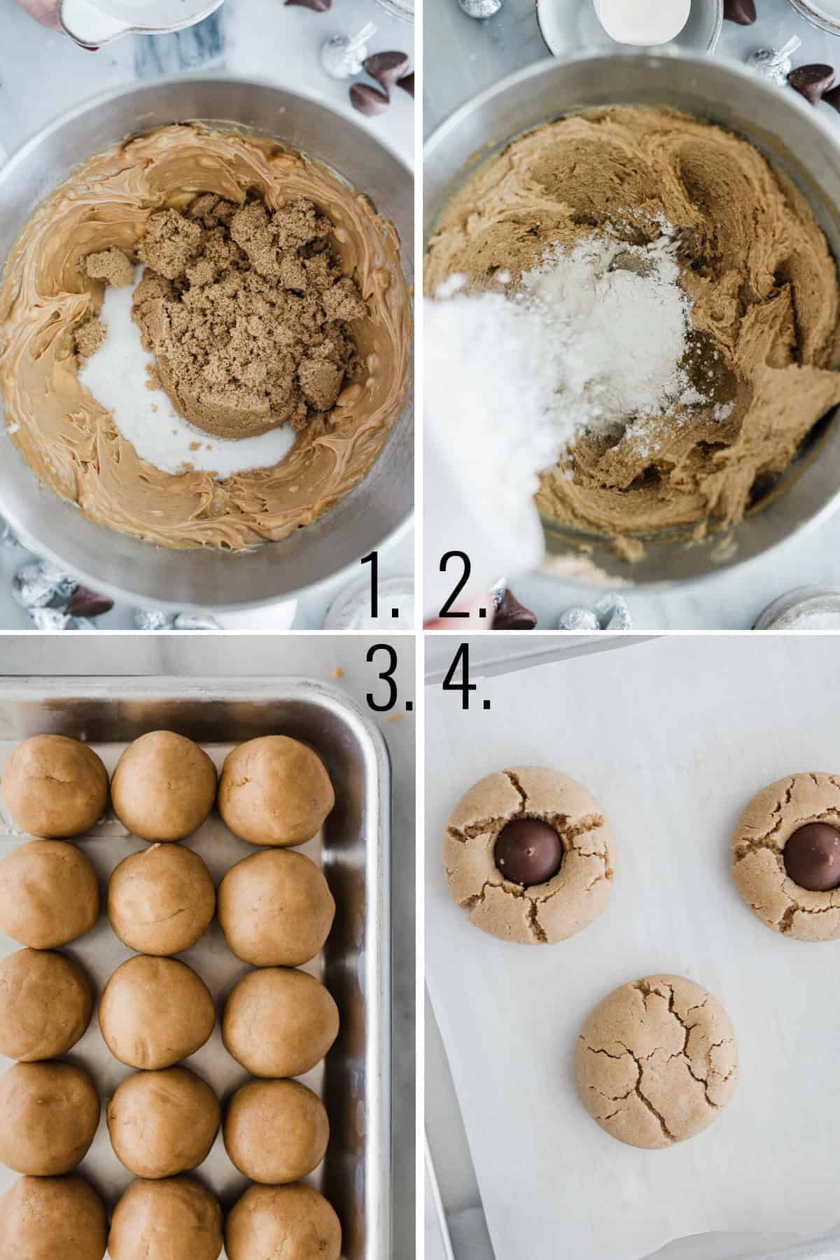 A four photo collage showing the steps for making this peanut butter blossom cookie recipe.
