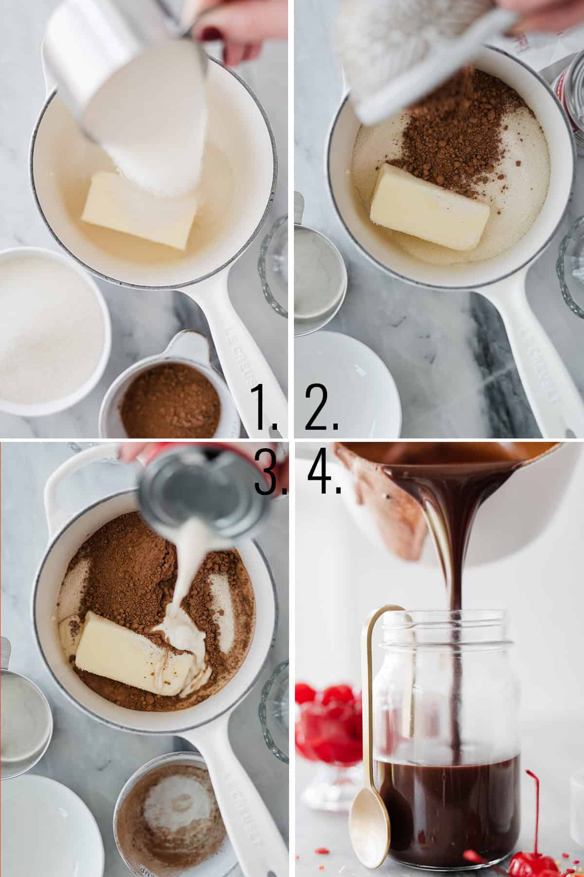 A four photo collage showing the steps for making this hot fudge recipe.