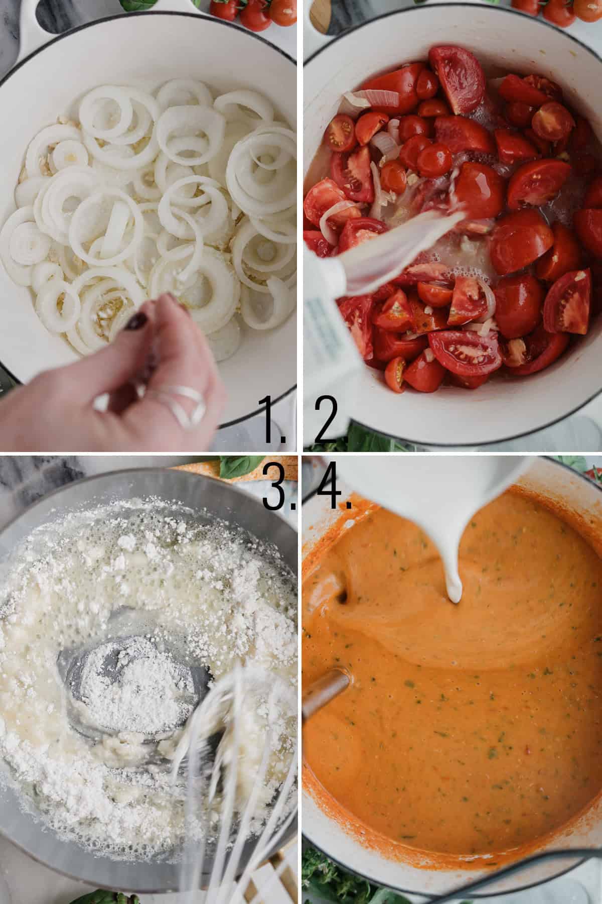 Four photos showing how to make creamy tomato basil soup.