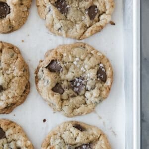 Coconut chocolate chip cookies on a baking sheet.