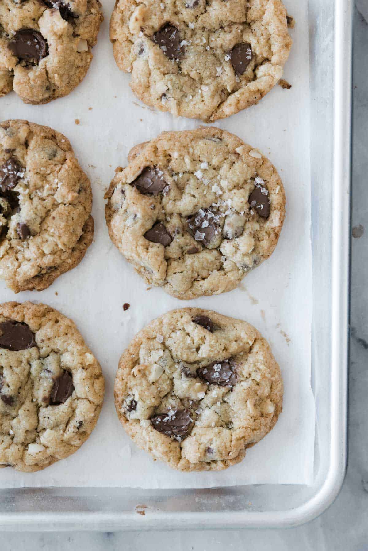 Coconut chocolate chip cookies on a baking sheet.