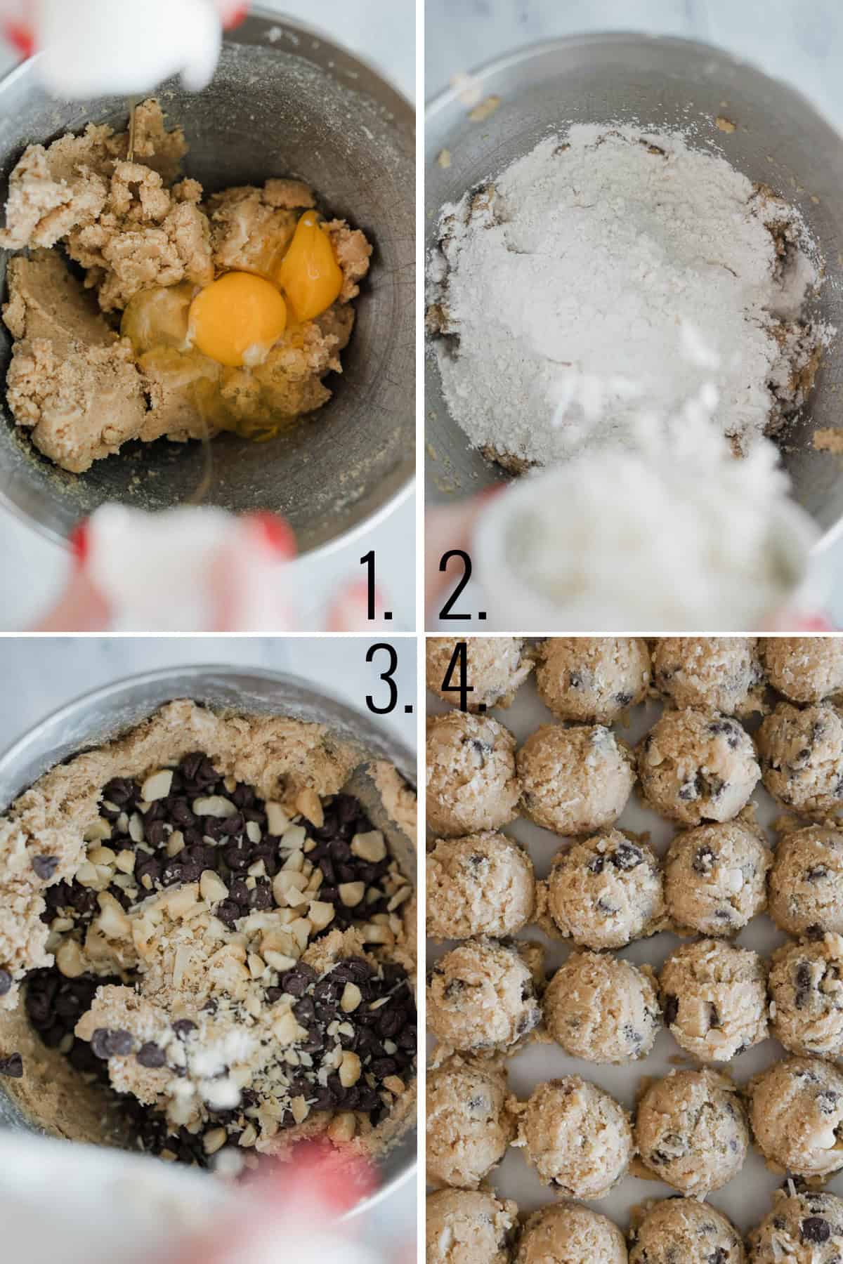 Four photos showing the process of making coconut chocolate chip cookies.
