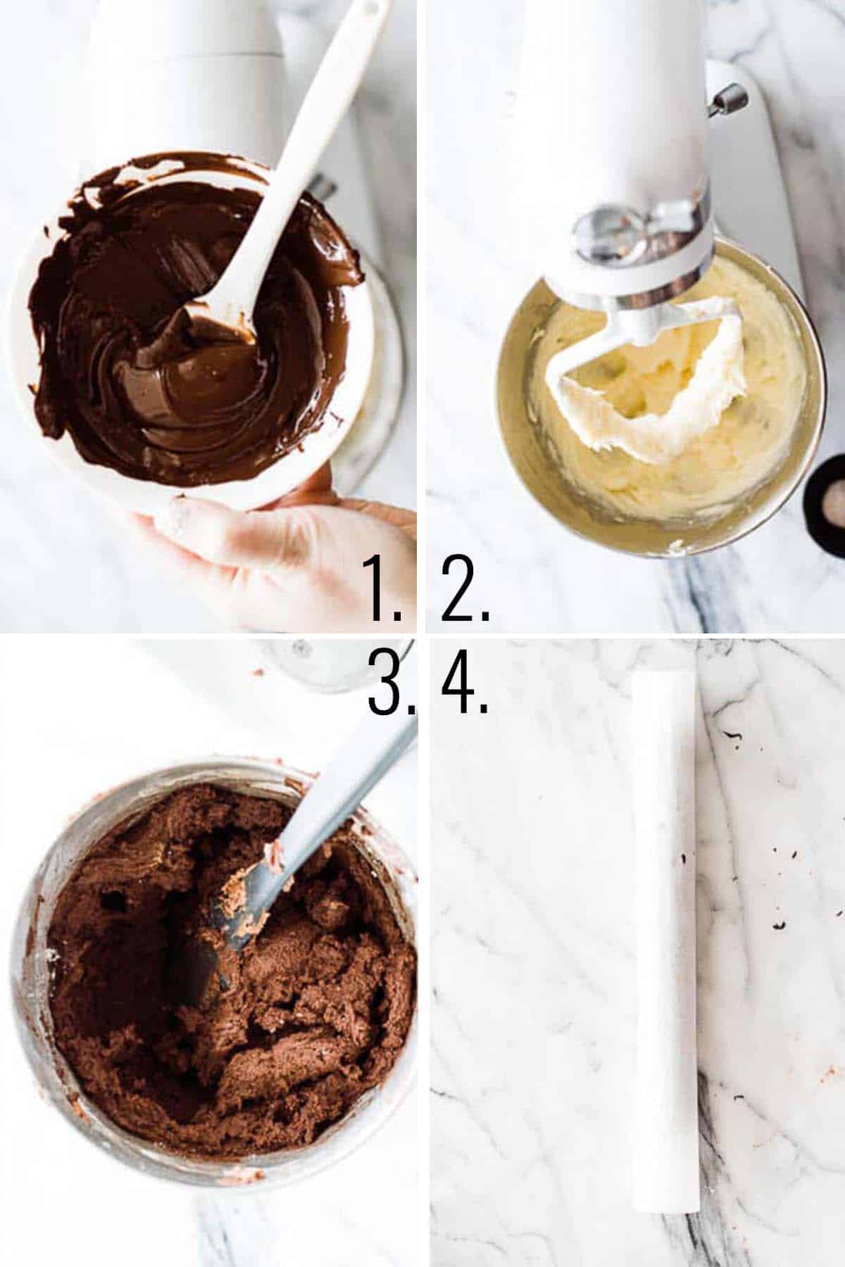 A collage showing how to make chocolate sandwich cookies with peppermints. 