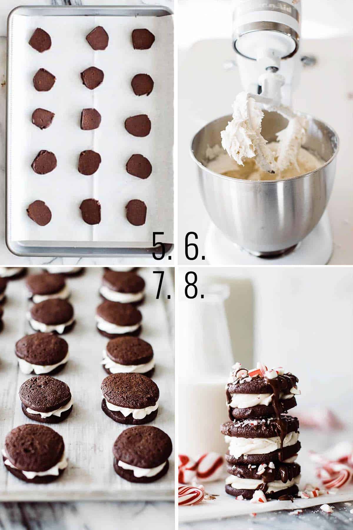A collage of steps for cutting, making the frosting, and then assembling the chocolate peppermint cookies.