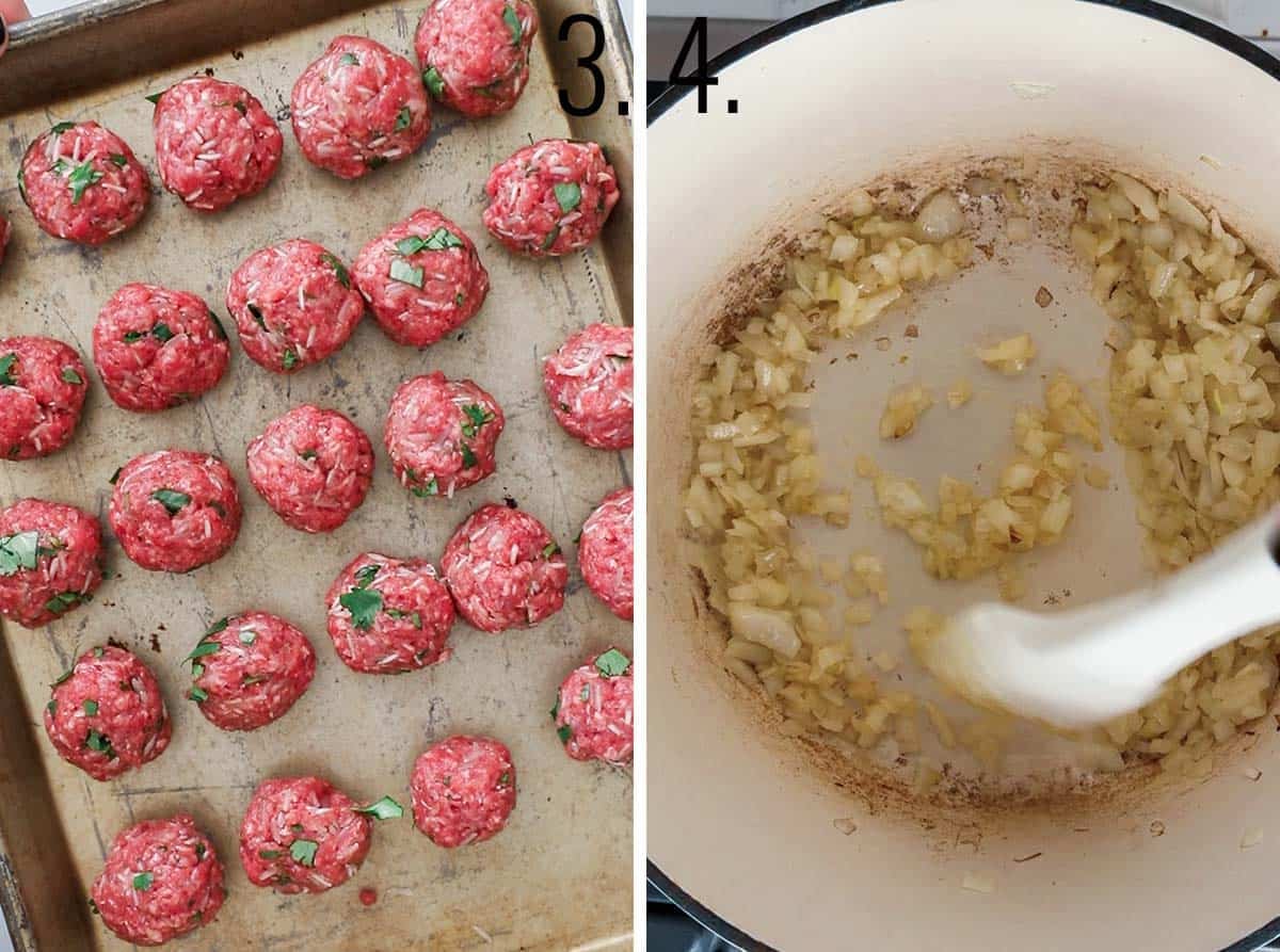 Meatballs shaped on a baking tray and cooking the vegetables in a Dutch oven.