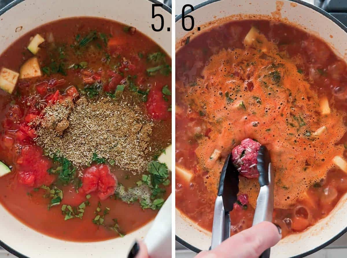 Cooking albondigas soup and adding the meatballs to the soup.