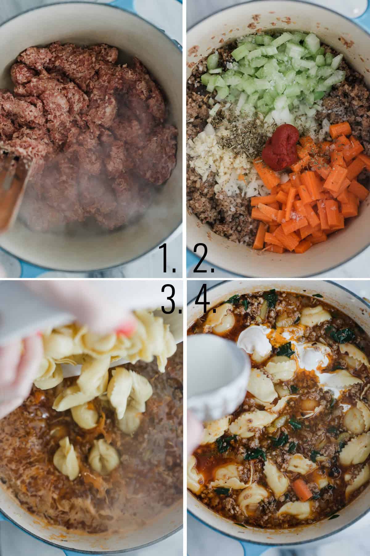 A collage of the steps for making sausage tortellini soup. 