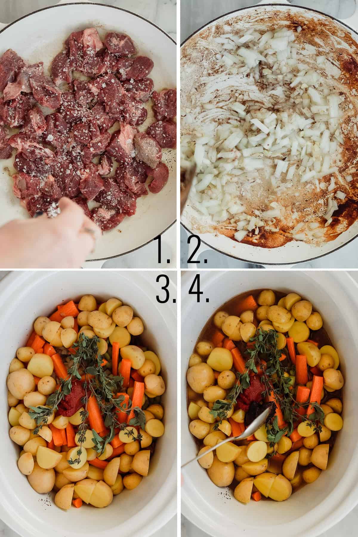 A collage showing the steps for making a homemade beef stew.