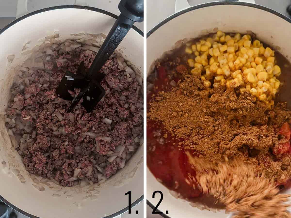 Ground beef and onions cooking and remaining ingredients added to the pot to make taco soup.