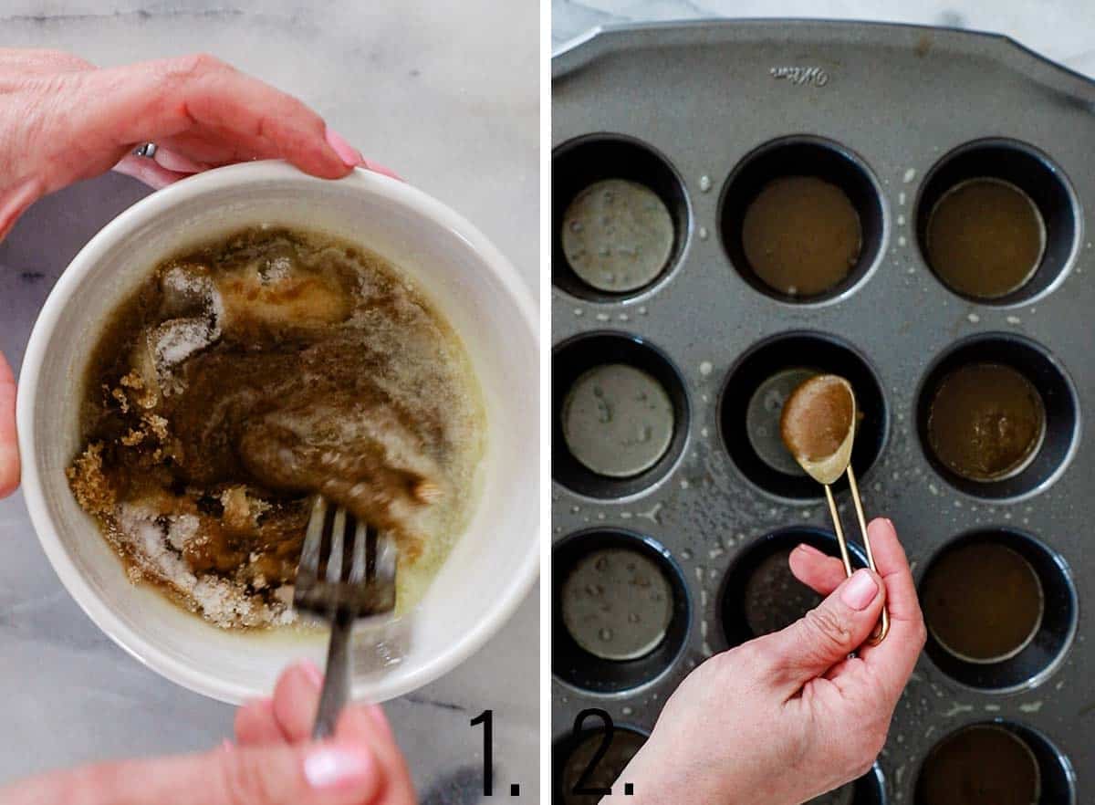 Glaze being mixed, then spooned into a muffin tin.