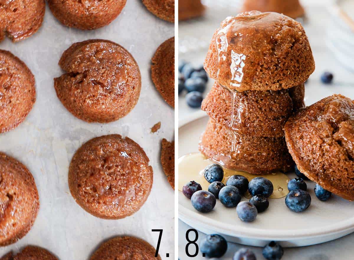Baked muffins cooling and added to a plate to serve.