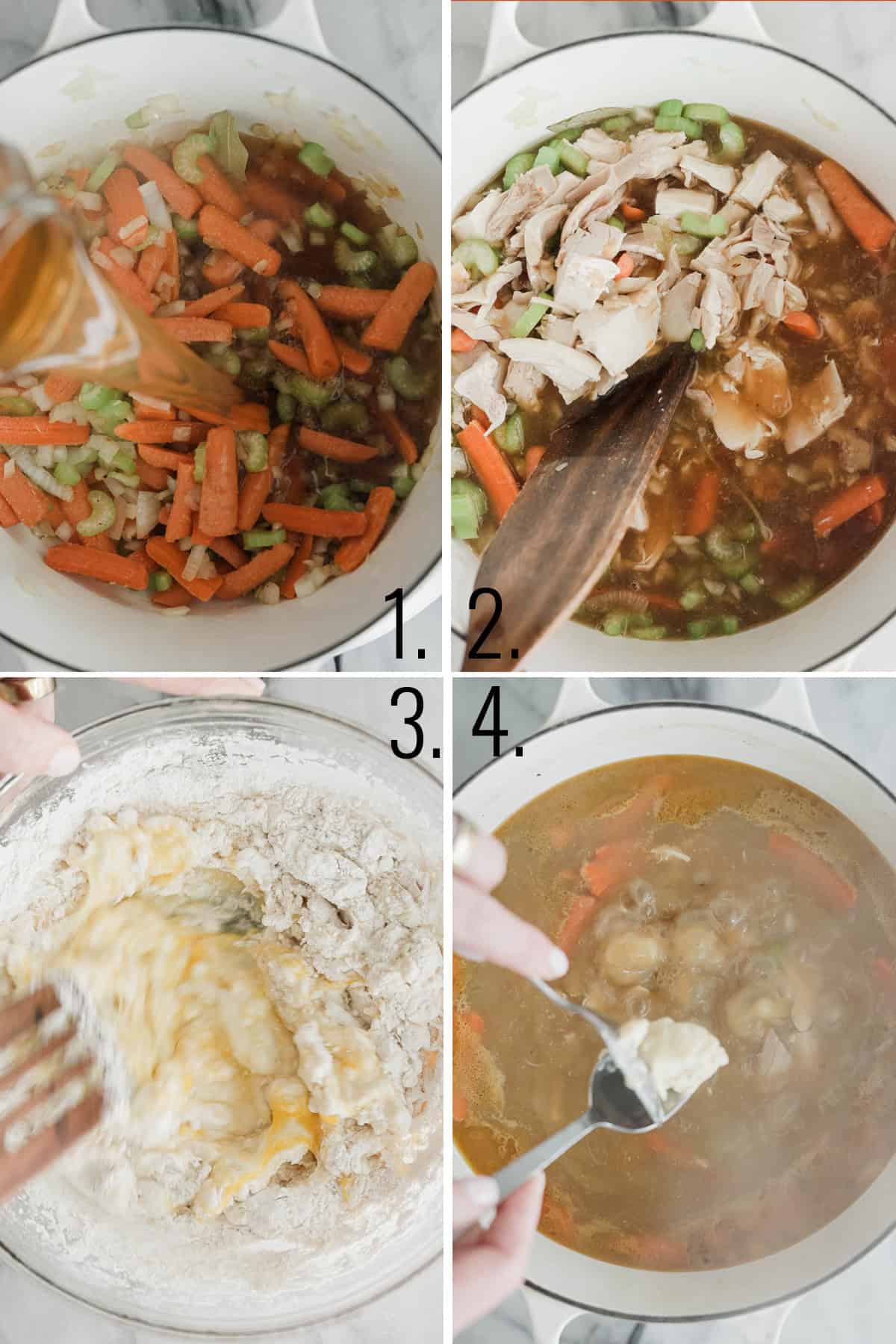 A collage showing the steps for making chicken dumpling soup. 