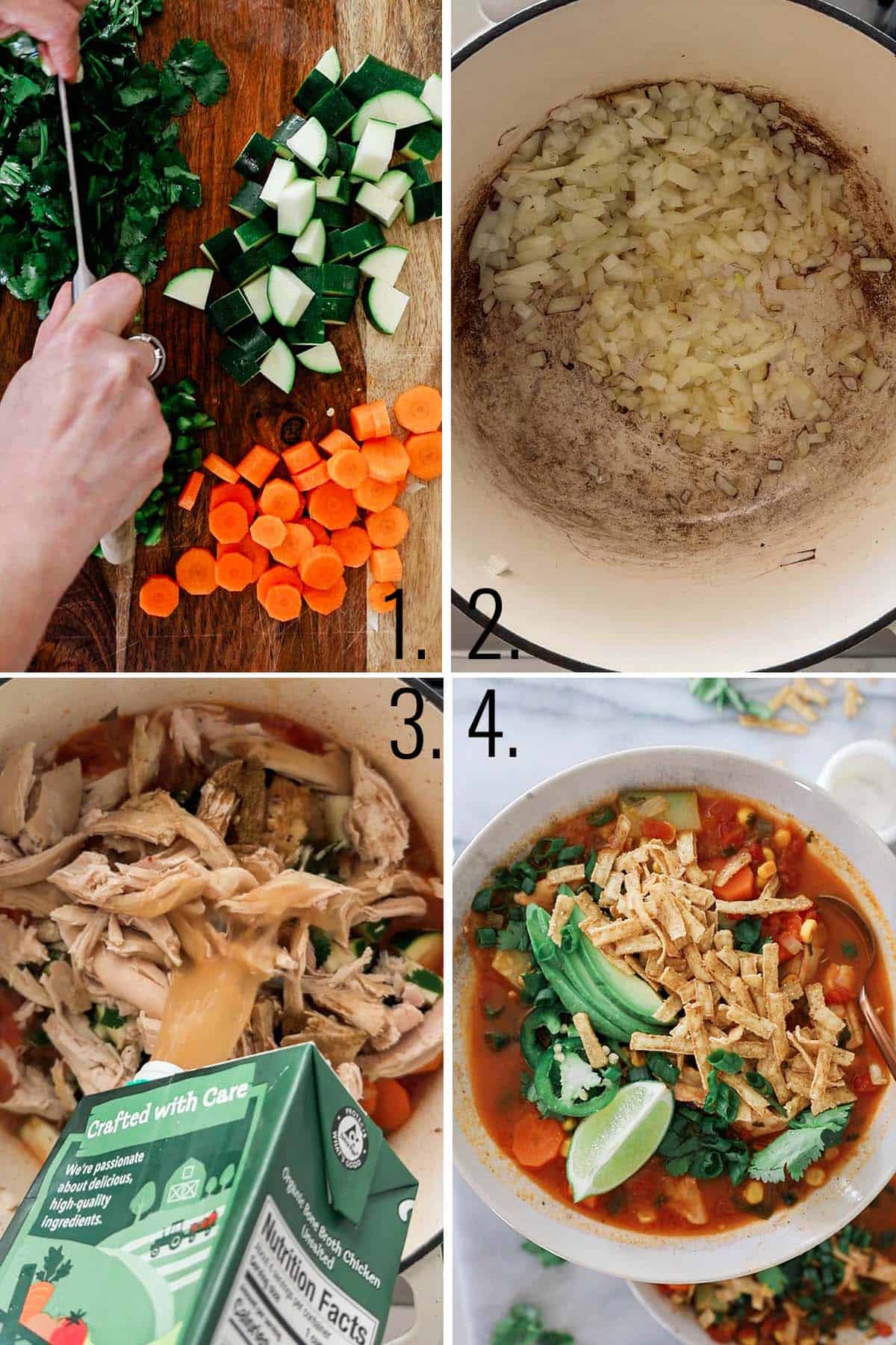 Preparing veggies then sauteing the onions and garlic. All the rest of the ingredients added to the pot then serving the soup in a bowl.