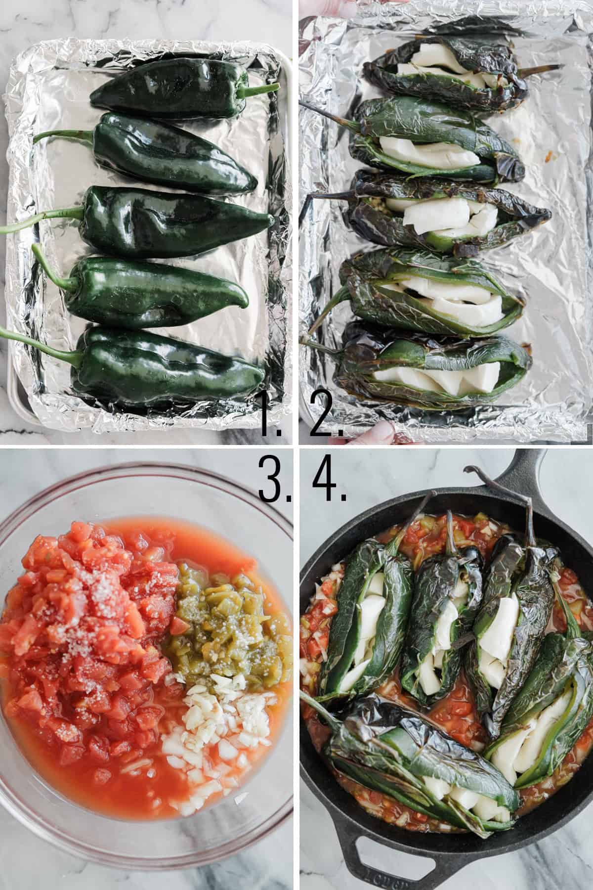 Peppers cooked and stuffed with onions. Salsa combined in a bowl and peppers and salsa combined in the pan.