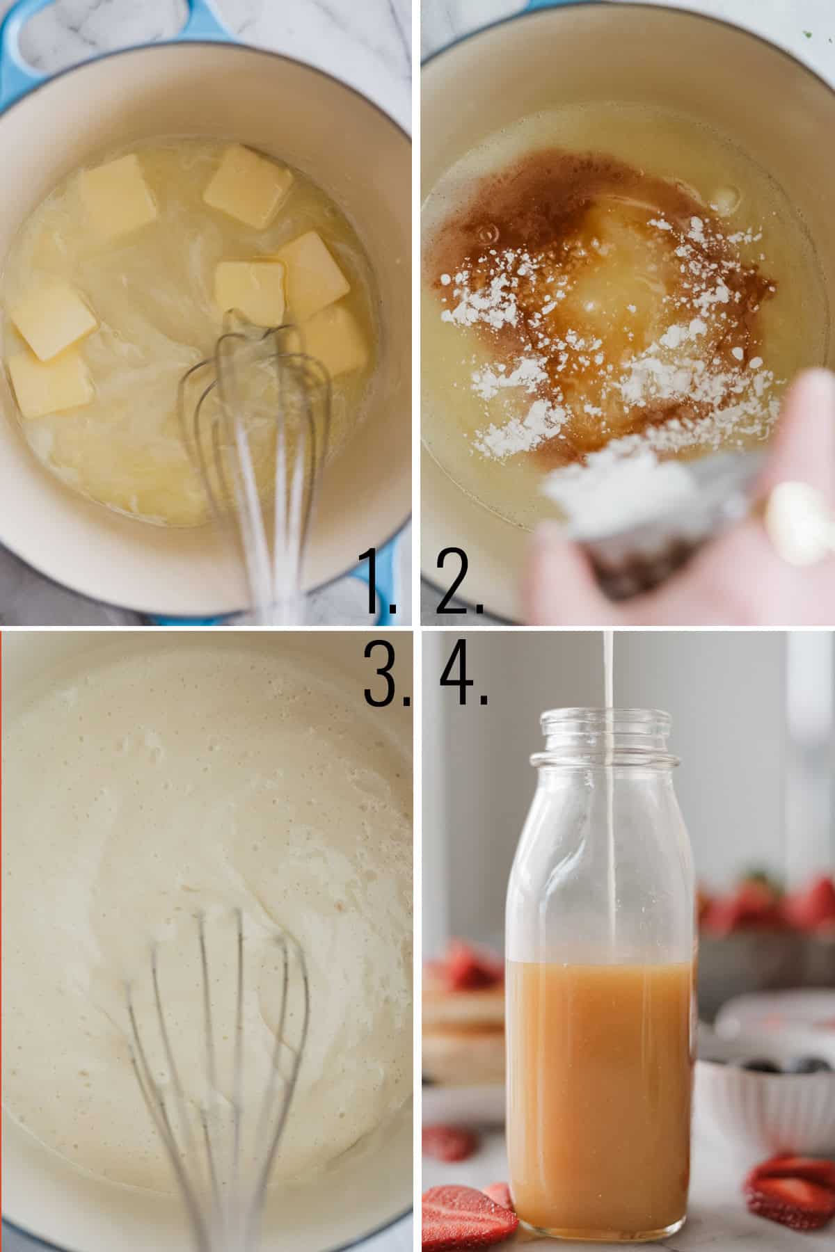 A collage showing butter whisked into a pot, ingredients added then mixed together, and added to a jar.