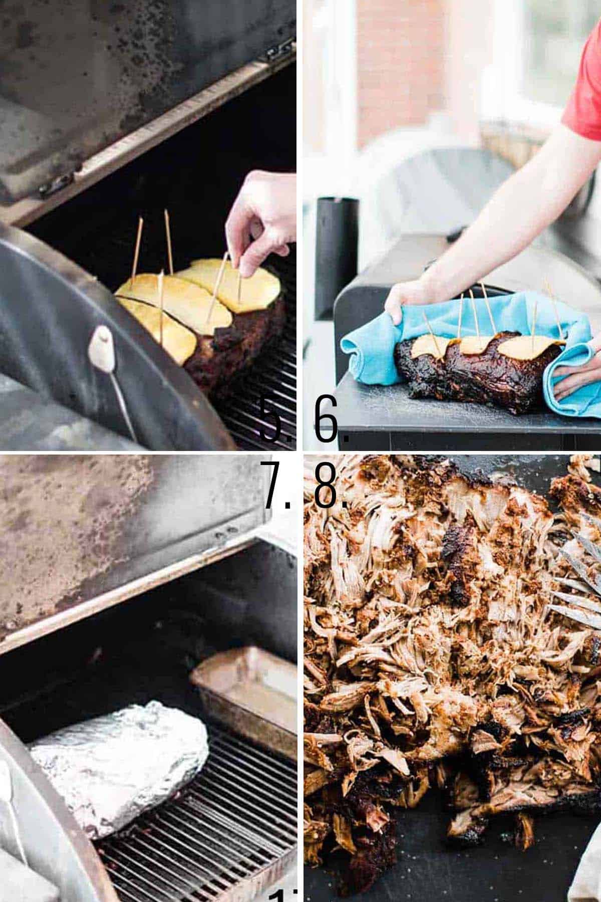The meat placed on a smoker, then shredded.