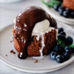 Chocolate lava cake on a plate.