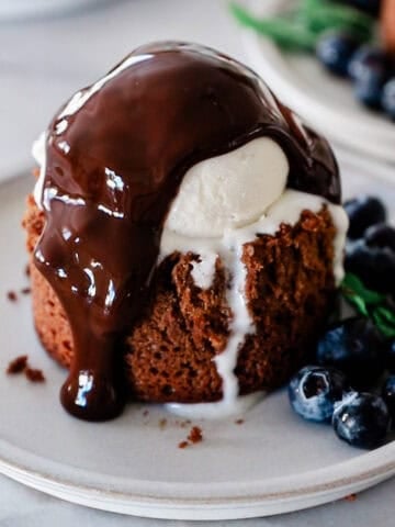 Chocolate lava cake on a plate.