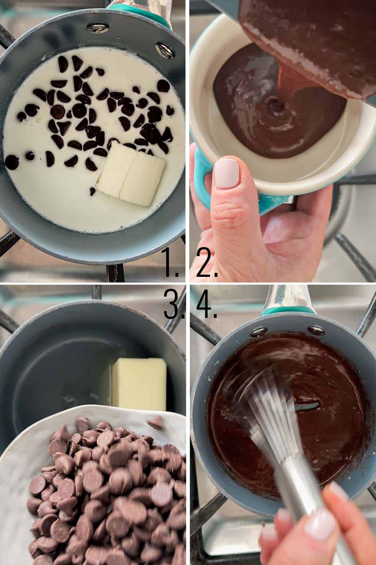The filling mixture heating then the butter and chocolate chips melting in a saucepan.