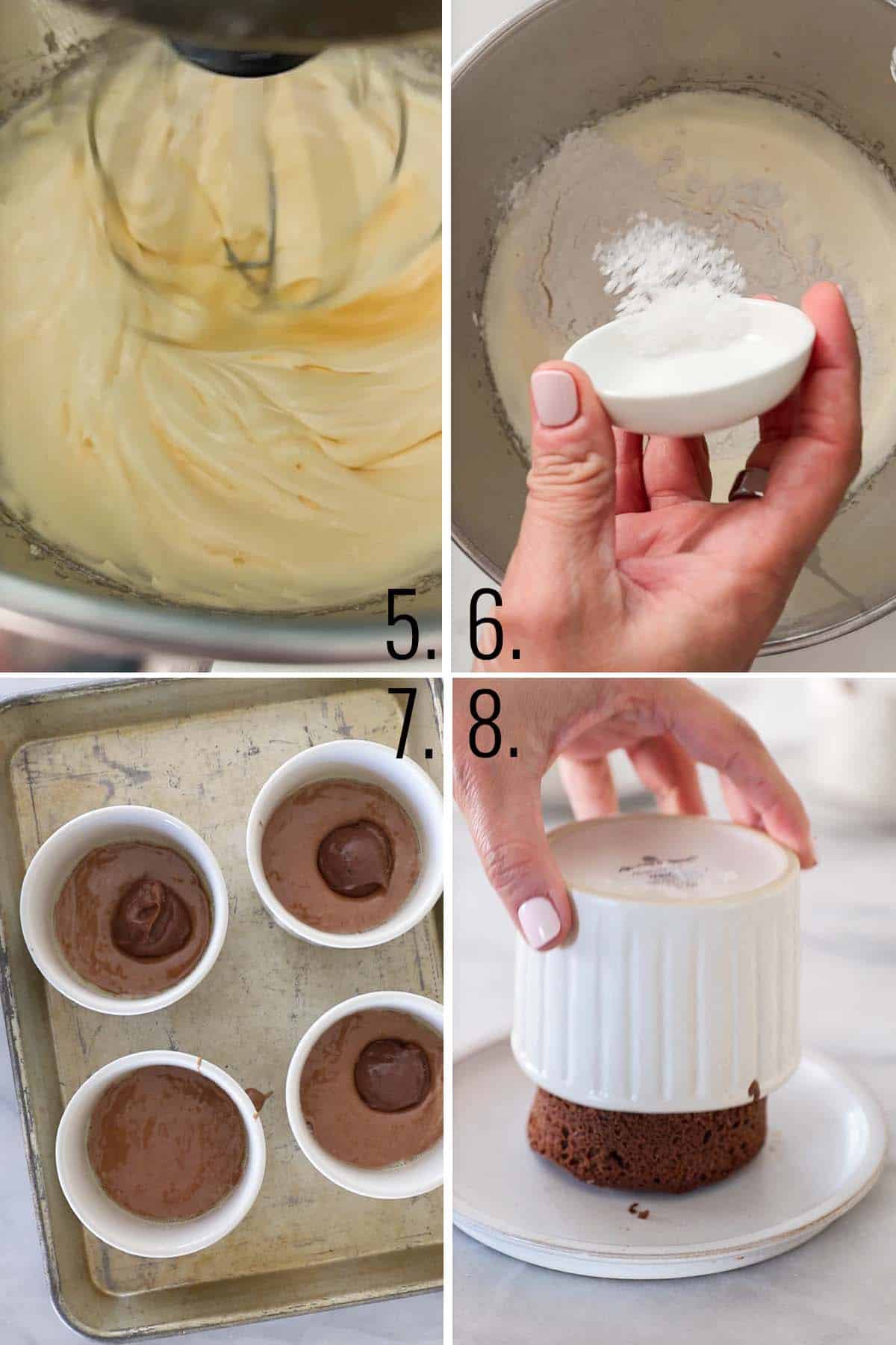Eggs, egg yolks, and sugar to a bowl then flour, salt, vanilla, and chocolate combined into a ramekin. Once cooked put on a plate.