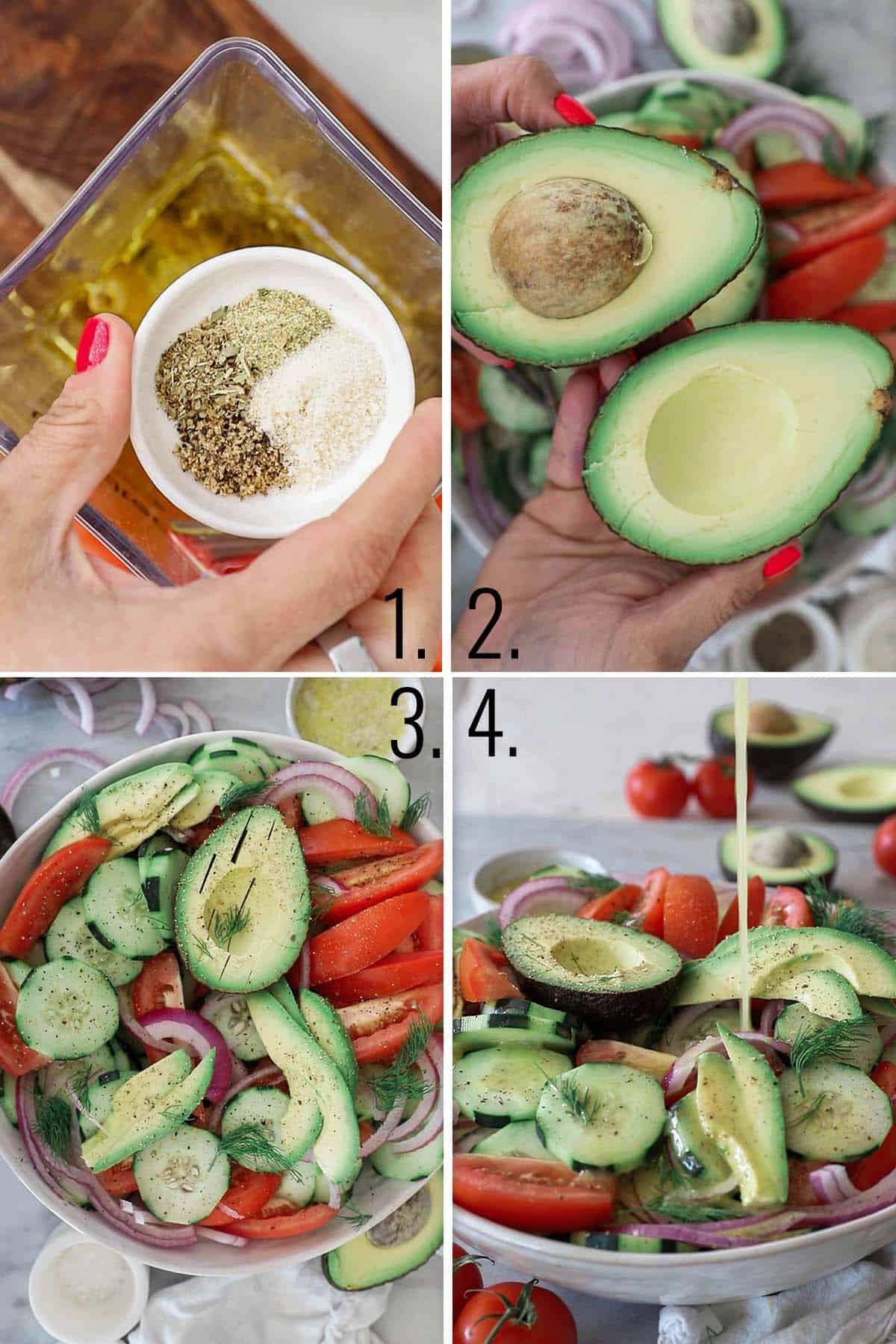 Oil, vinegar, and seasonings to a blender and blend. Cut avocado into the bowl and then add the dressing.