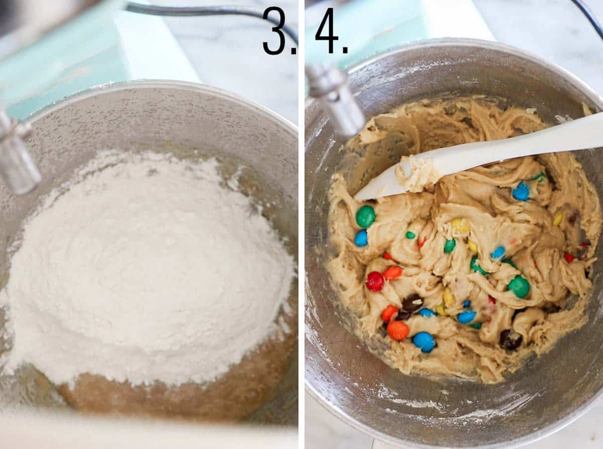 A collage showing the steps for adding the flour and then the M&M's. 