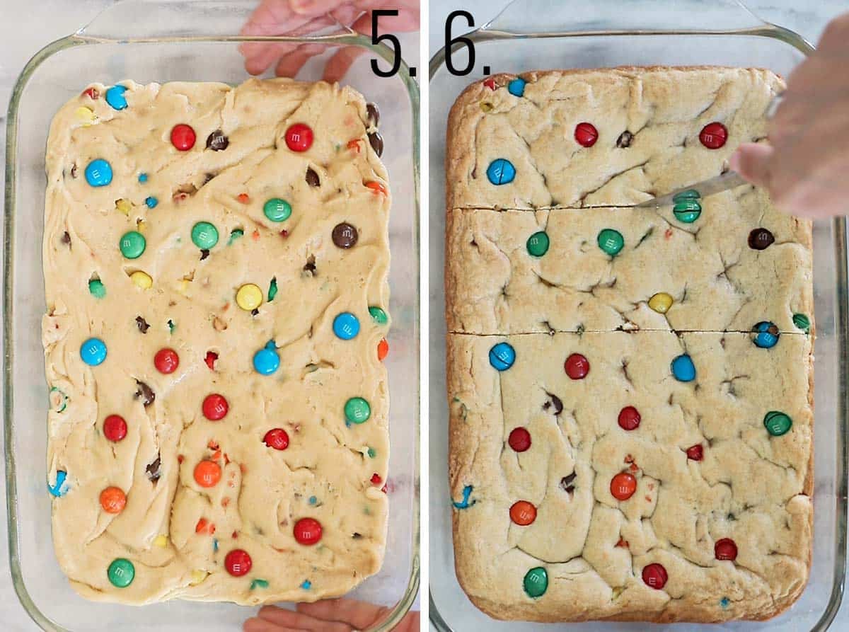 M&M blondies on a baking tray before and after baking. 
