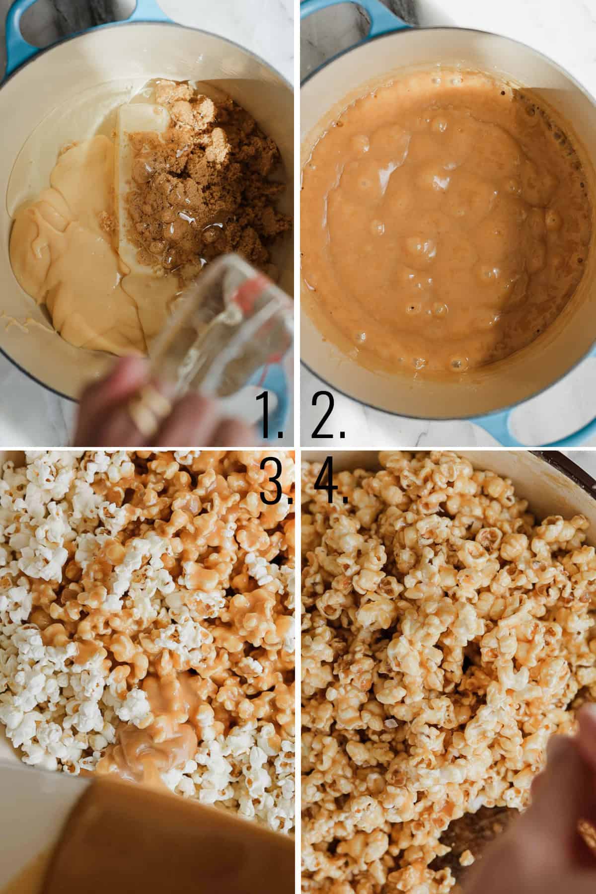 Collage of four images showing the process for making soft caramel corn. 
