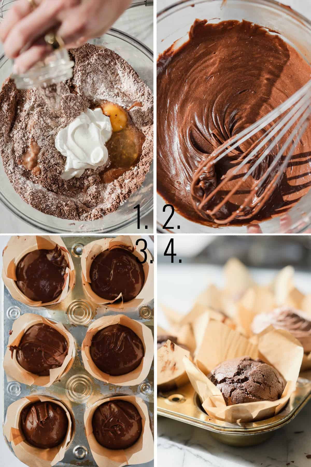 Collage of the process of making the cupcakes from mixing to baking. 
